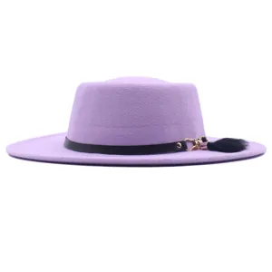Damen breite Krempe Wolle Filz Fedora Hut mit Lederriemen Herbst Winter Jazz Kappe