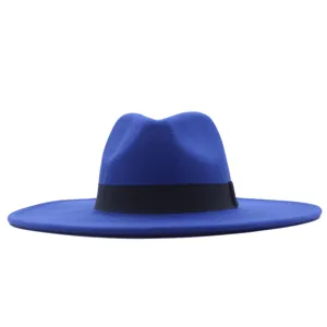 Blauer Wollfilz Fedora Hut mit schwarzem Band, stylischer breiter Krempen Jazz Hut Herbst.