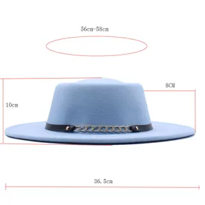 Heller blauer flacher Filzhut mit Lederkettenband, warme Jazzmütze für Damen im Winter.