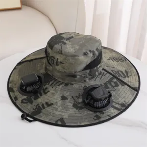 Solar powered fan fishing hat sun protection outdoor camo wide brim bucket hat for summer