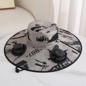 Solar powered fan bucket hat, outdoor UV protection fishing sun cap for summer wear.