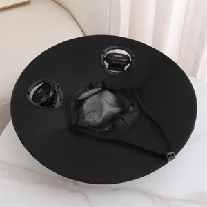 Outdoor solar fan sun hat with dual fans, anti-UV fisherman cap detail view for summer fishing.