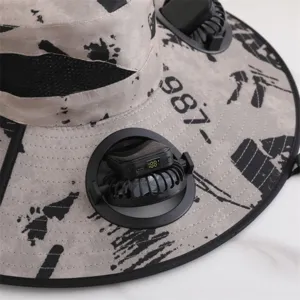 Outdoor sun protection fisherman hat detail shot with dual electric fans and digital display.
