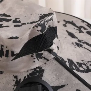 Detail view of anti-UV outdoor sun hat with solar fan mesh crown and camouflage print.