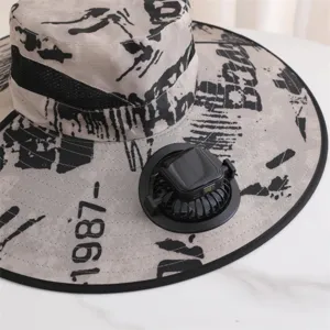Solar powered fan bucket hat summer outdoor fishing sun protection uv blocking anti UV grey