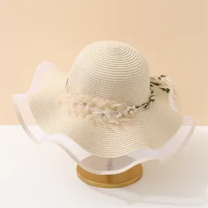Damen Sommer Strohhut mit breiter Krempe Strand Sonnenhut mit Perlen Blumen elegante Kappe