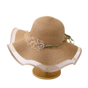 Damen Sommer Strohhut mit breiter Krempe Strand Sonnenschutz Blumen Deko Urlaub Accessoire
