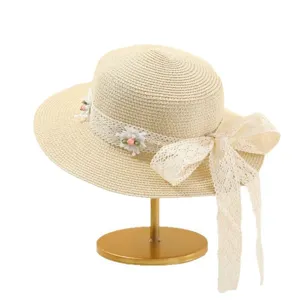 Damen Sommer Strohhut mit weißer Spitze Blumen Band Schleife Strand Sonnenhut Mütze