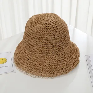 Japanese style lace straw hat women summer beach sunshade crochet fisherman hat foldable