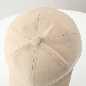 Top view detail of classic beige baseball cap showing neat stitching and button.