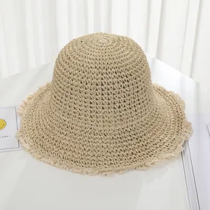 Japanese style women crochet straw hat with delicate lace brim, perfect beach sun protection hat.
