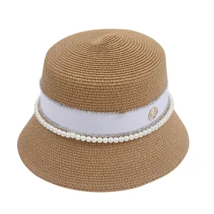 Women summer straw bucket hat elegant pearl ribbon rhinestone M logo sun hat beach cloche