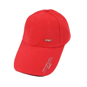 Unisex red extended brim baseball cap with metal sport logo, adjustable outdoor sun hat.