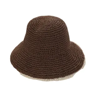 Women's Japanese style crochet straw bucket hat with lace trim, summer beach sun protection.
