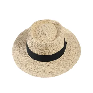 Summer straw hat for women men, wide brim beach sun hat with black band, flat top fedora.
