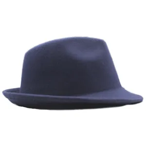 Klassischer dunkelblauer Wollfedora-Hut für Herbst und Winter, eleganter britischer Stil.