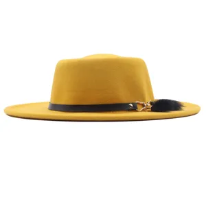 Gelber Wolle Fedora Hut für Damen Winter breite Krempe Jazz Kappe mit schwarzem Gürtel