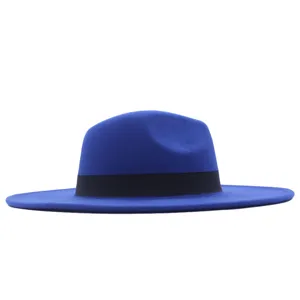 Klassischer blauer Fedora Hut mit schwarzem Band, Woll Filz Flachkrempe Hut fuer Herbst Winter.