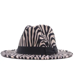 Stylish zebra print fedora hat featuring a black bow, chic flat brim jazz felt hat for daily.