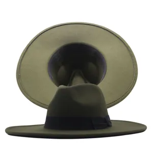 Olivgrüner Wollfilz-Fedora-Hut mit breiter Krempe und schwarzem Band für stilvolle Outfits.