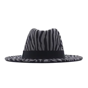 Zebra print fedora hat wool felt jazz cap detail, stylish wide brim fashion accessory for women