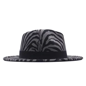 Stylish zebra print fedora hat with black band, flat brim fashion wool felt hat.
