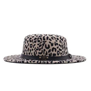 Leopardenmuster Woll-Fedora-Hat mit schwarzem Lederband und goldenem M-Logo fur Damen.