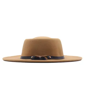 Damen Herbst Winter kamel breite Krempe Filzhut Fedora Jazz Kappe mit Ledergurt und Quaste.