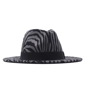 Detailed view of grey black zebra print fedora hat with black ribbon, wool felt jazz hat.