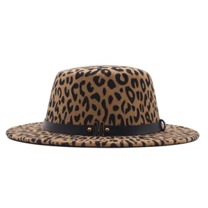 Retro Hut Im Fedora Stil Mit Leopardenmuster Flache Krempe Wollmischung Jazz Kappe Mit Lederband Metall Akzent Für Herren Damen