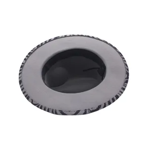 Detail view of the stylish wide-brim jazz hat interior, featuring unique zebra print brim.