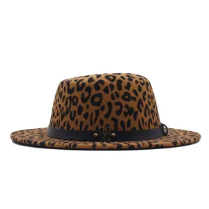 Leopardmuster Fedora Hut für Damen und Herren, flacher Rand Wolljazzhut mit Lederband.