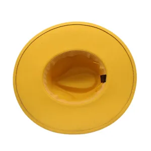 Gelber breitkrempiger Fedora Hut Innendetail Ansicht, Wollfilz Jazz Kappe Futter.