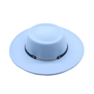 Retro Damen Fedora Hut Flache Oberseite Jazz Hut Mit Metallkette Lederbesatzband Breite Krempe Filzhut Streetwear Herbst Winter Zubehör