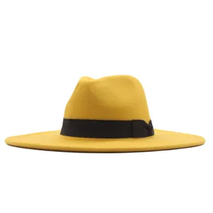 Gelber Woll-Fedora-Hut mit breiter Krempe und schwarzem Band Herbst Winter klassische Mütze