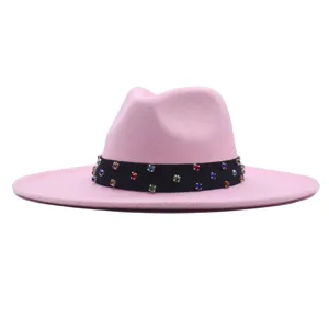 Rosa Woll-Fedora-Hut für Damen, Vintage-Jazzhut mit breiter Krempe und buntem Strassband.