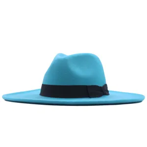 Blauer Fedora Hut mit breiter Krempe und schwarzem Band, Woll Jazzhut Herbst Winter