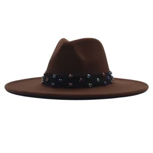 Brauner Schlapphut Damen, eleganter Wollfilzhut Fedora mit bunten Strasssteinen verzierten Band.