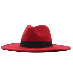 Roter Woll-Fedora-Hut mit schwarzem Band, breite Krempe, Vintage Jazz Hut für Herbst Winter.