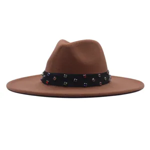 Brauner Woll-Fedora-Hat mit schwarzem Strassband, eleganter Vintage-Breitrandhut Damen.