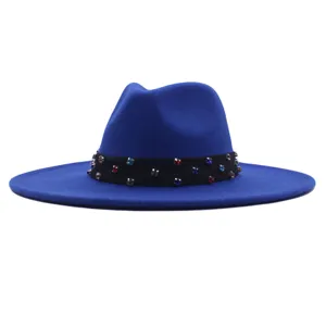 Blauer Wollhut mit breiter Krempe und bunten Strasssteinen fuer Damen Herbst Winter