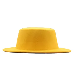 Gelber Wollhut mit flacher Oberseite und breiter Krempe fur Damen elegante Herbst- und Wintermode