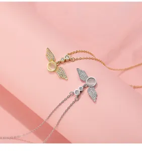 S925 silver angel wings necklace with sparkling cubic zirconia, cute sweet clavicle chain.