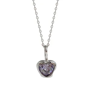 S925 Sterlingsilber Lila Herz Halskette Unregelmaessiger Kristall Anhaenger Schmuck