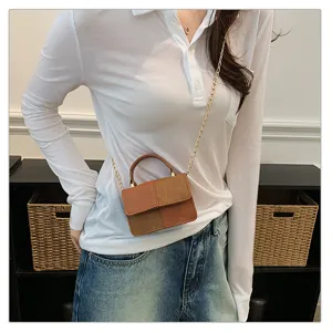 Vintage color-block mini shoulder bag with metal chain strap for women daily wear.