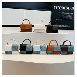 Retro patchwork mini shoulder bag for women, stylish crossbody handbag with top handle.
