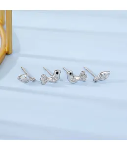 Boucles d'oreilles clous puces petit oiseau feuille argent sterling 925 ensemble quatre pièces