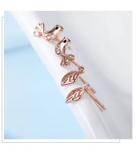 Boucles d'oreilles S925 argent sterling or rose mignon oiseau et feuille set de détail
