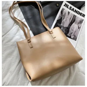 Minimalist large capacity PU leather shoulder tote bag, casual daily fashion commute handbag.