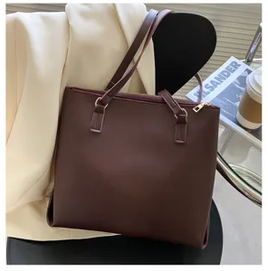 Classic brown large capacity women's leather tote bag simple minimalist shoulder handbag